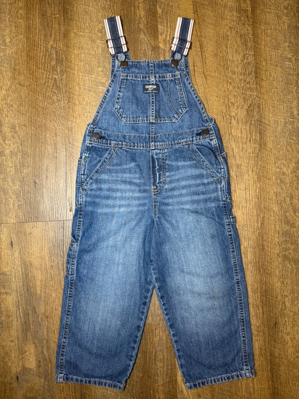 OshKosh B'gosh Boys' Blue Denim Overalls with Red White and Blue Straps Size 4T